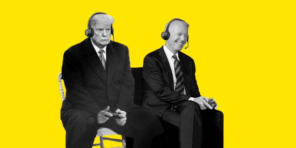 Joe Biden and Donald Trump playing video games together. Donald Trump is losing.