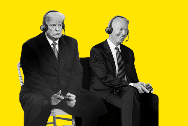 Joe Biden and Donald Trump playing video games together. Donald Trump is losing.